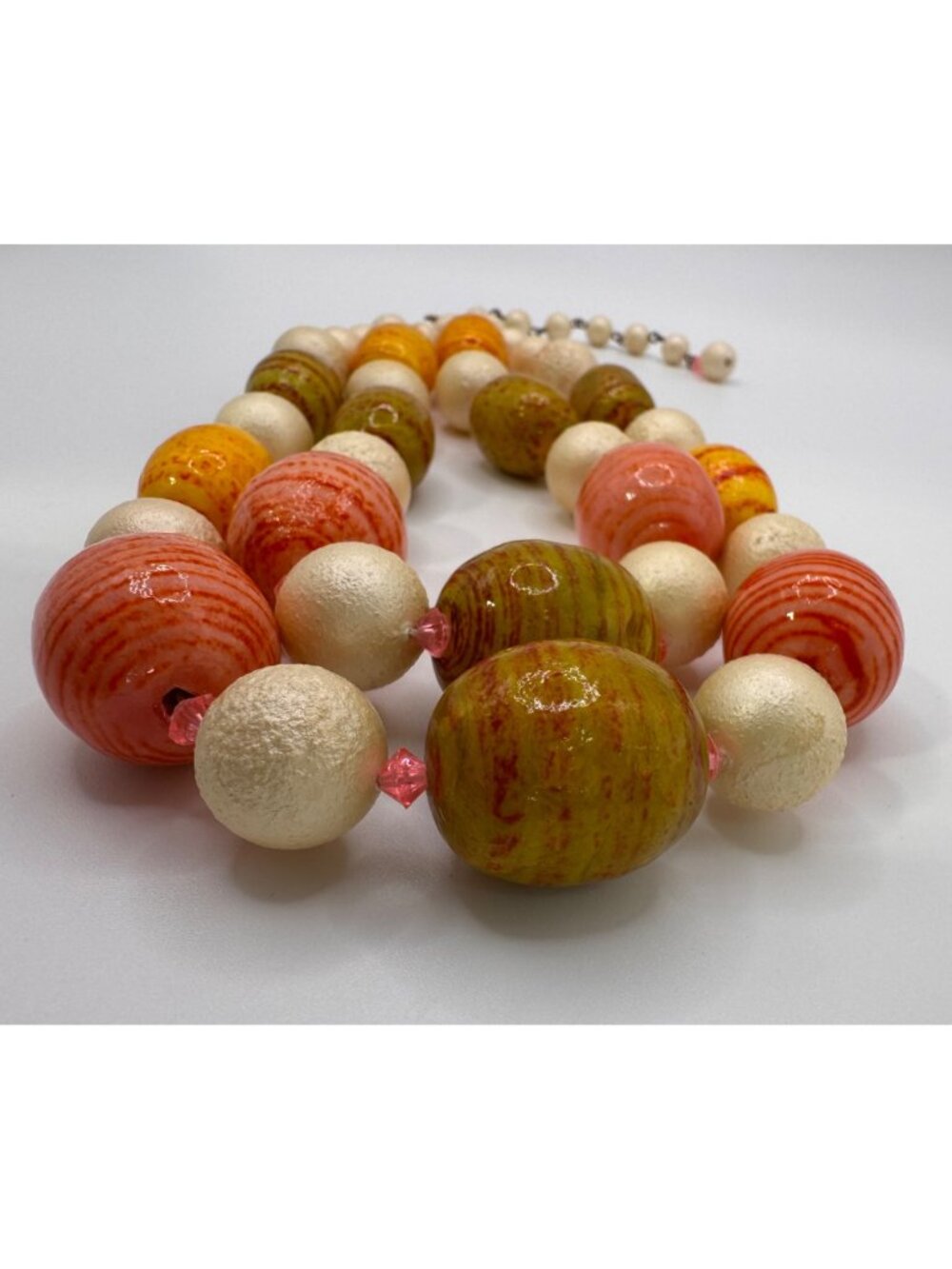 Vintage Paper Mache Bead Necklace Double Strand Artisan Leaf Clasp Chunky - Picture 8 of 16